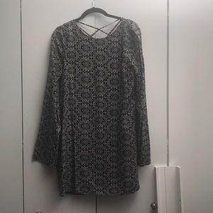 Black + white party dress, long sleeves, low back